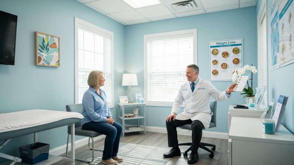A female patient discusses her weight loss goals with a doctor inside a bright, modern clinic exam room. 