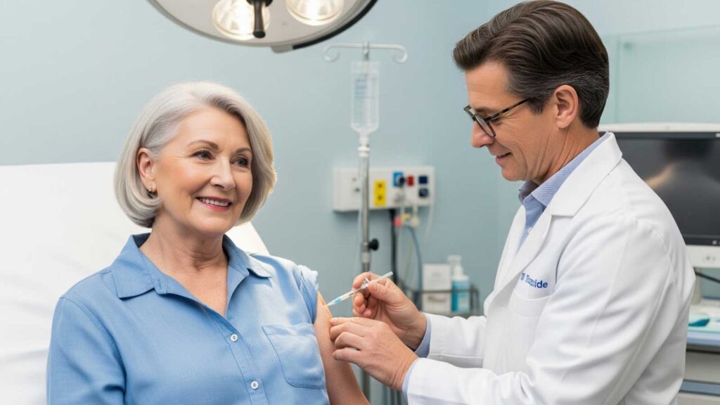 A medical professional administers a GLP-1 weight loss injection to a smiling senior woman during a clinic visit. 