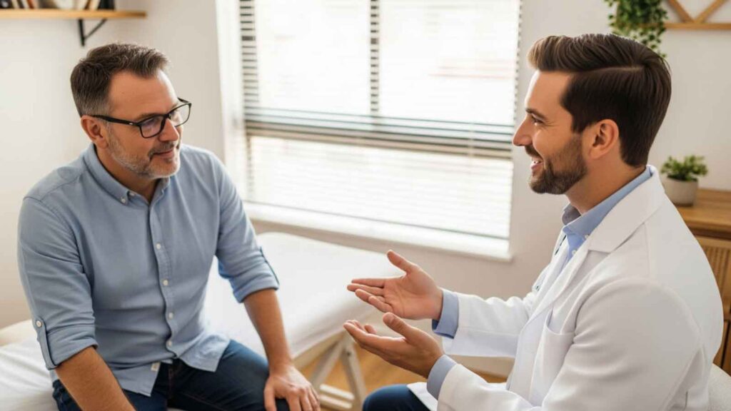 Doctor explaining treatment details to a male patient, showing what to expect during a GLP-1 weight loss consultation in Solana Beach. 