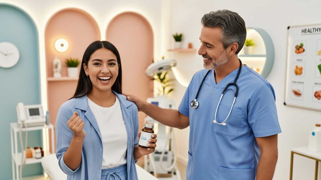 Doctor and patient discussing weight loss treatment options, showing supportive guidance in choosing between Semaglutide and Tirzepatide. 