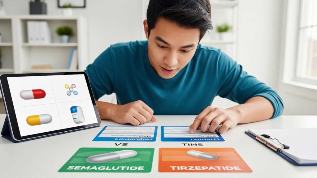 Man comparing Semaglutide and Tirzepatide information cards, illustrating how patients review key differences between these medications.