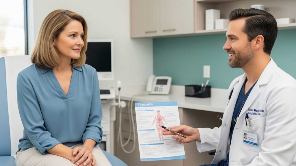 Doctor explaining Tirzepatide treatment options to a patient, highlighting personalized medical weight loss programs in Del Mar.