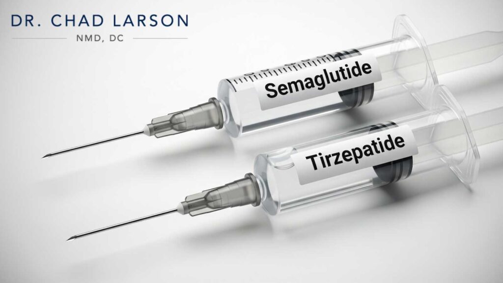 Close-up of medical syringes labeled Semaglutide and Tirzepatide, representing popular GLP-1 treatments for weight management. 