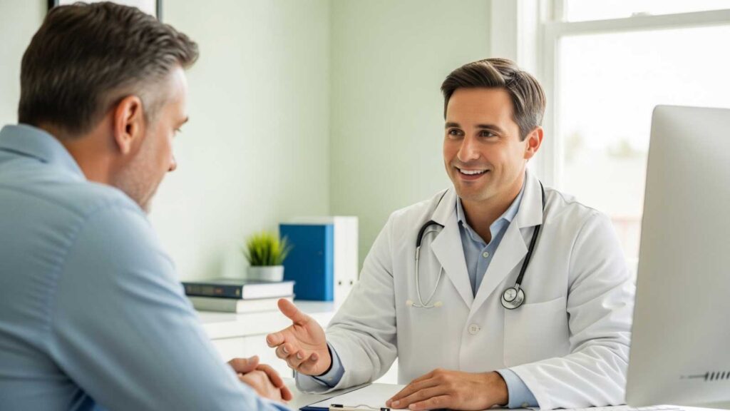 A healthcare professional provides personalized advice to a male patient regarding semaglutide treatment for weight loss.