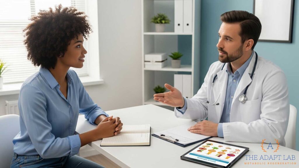 A doctor consulting with a patient about customized weight loss plans, emphasizing support at a Del Mar clinic. 