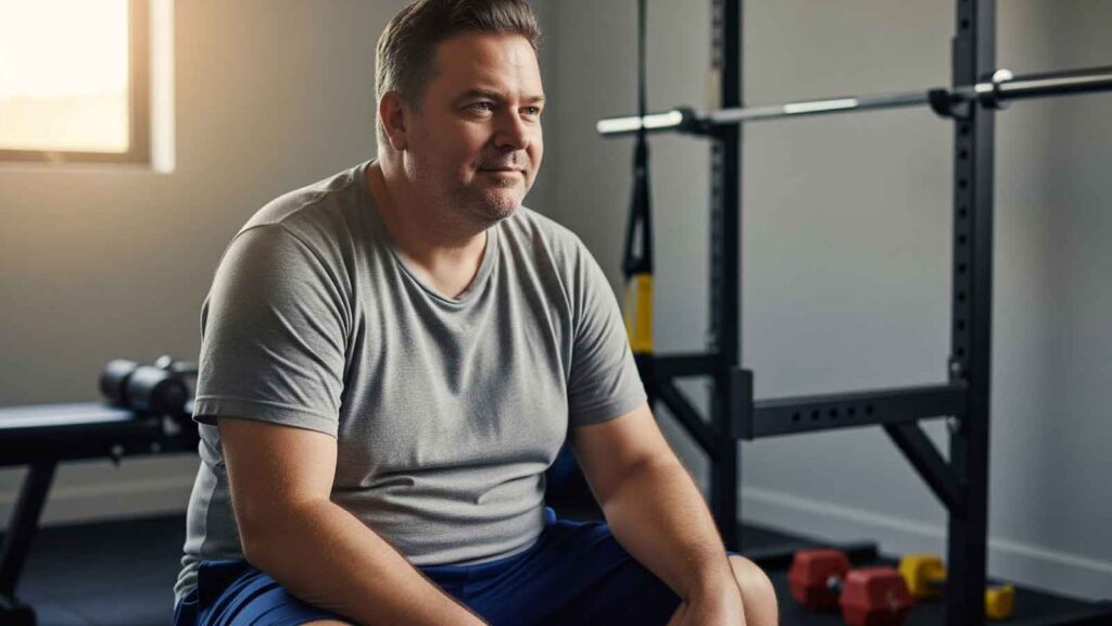 Man sitting in a gym, reflecting, representing individuals considering whether a GLP-1 weight loss program is the right fit for their goals. 