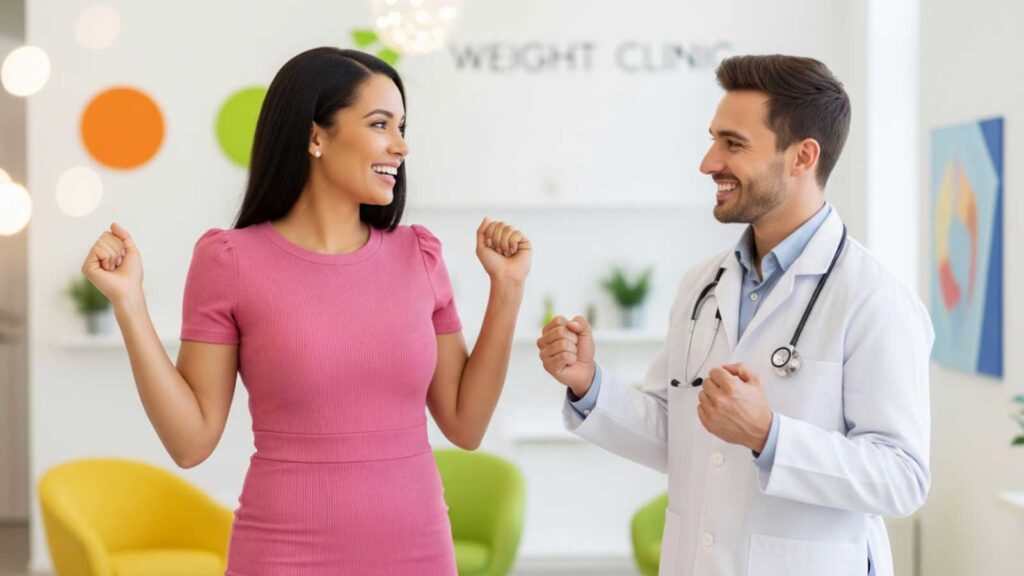 A happy woman in a pink dress celebrates her weight loss results with her doctor at a welcoming weight clinic. 