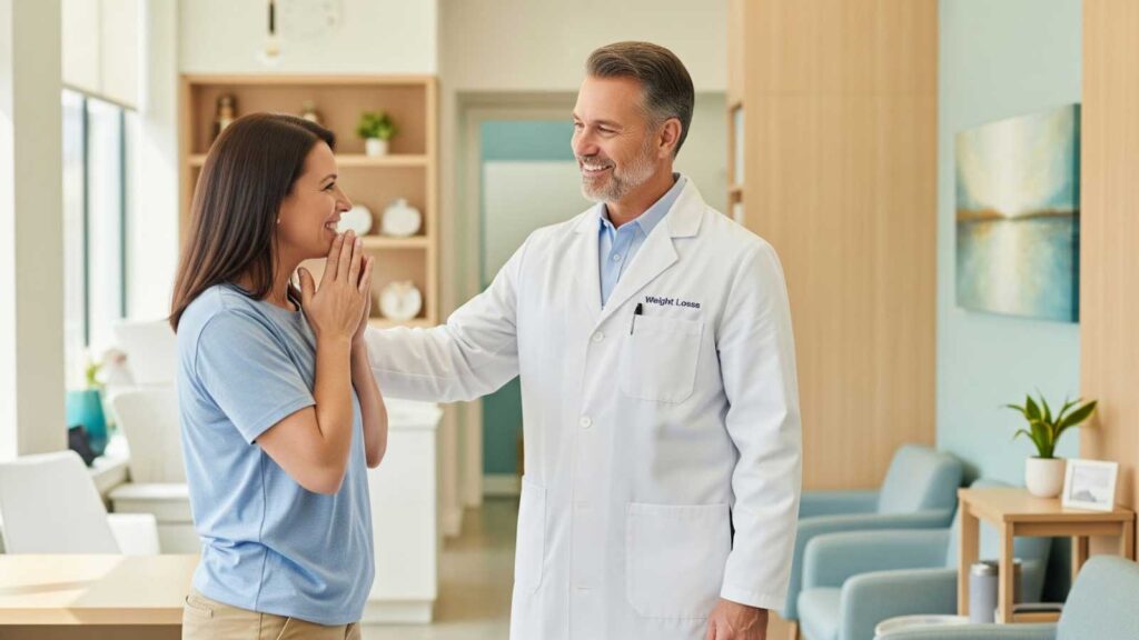 Happy patient receiving encouragement from a doctor, showcasing supportive care at The Adapt Lab’s GLP-1 therapy program in San Diego.