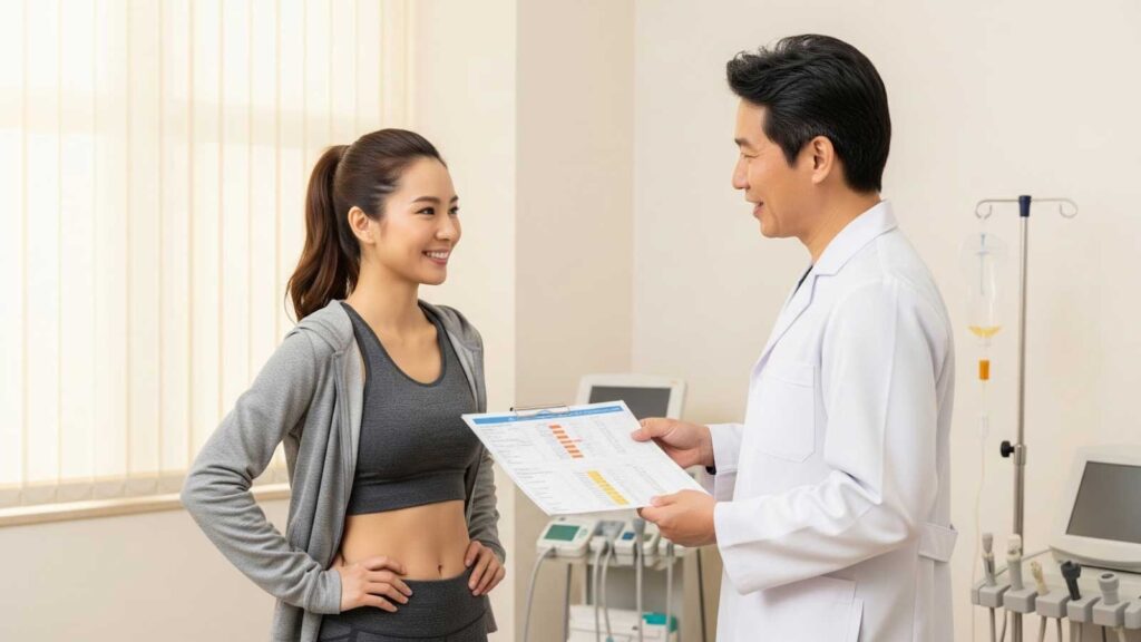 A medical specialist reviews progress charts with a patient undergoing semaglutide therapy as part of a weight management program.