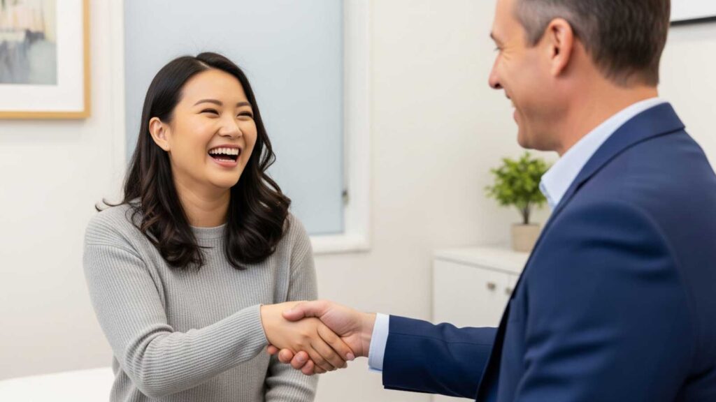 Happy patient shaking hands with a provider, illustrating the positive, supportive experience at The Adapt Lab in Del Mar. 