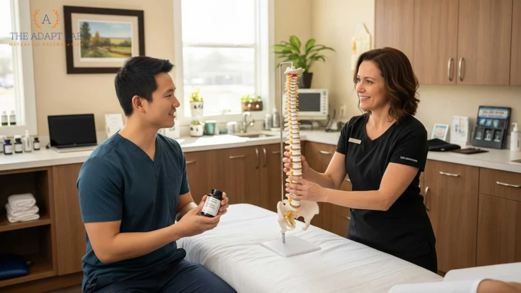 A healthcare professional demonstrates spinal alignment using a model while a patient listens and holds a supplement bottle, representing the integration of chiropractic and naturopathic care.