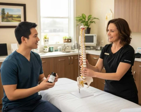 A healthcare professional demonstrates spinal alignment using a model while a patient listens and holds a supplement bottle, representing the integration of chiropractic and naturopathic care.