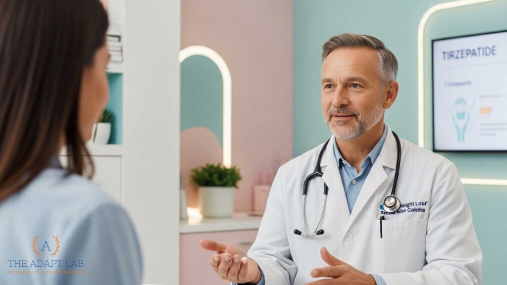 Doctor discussing tirzepatide therapy options with a patient at The Adapt Lab clinic in San Diego. 