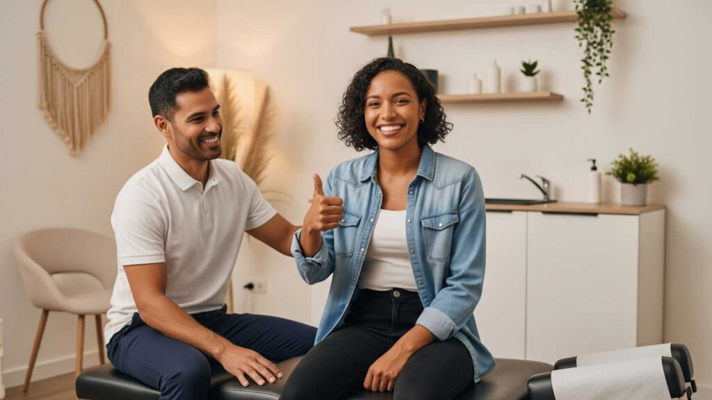 A happy patient gives a thumbs up while sitting next to a chiropractor, symbolizing positive results from holistic treatment. 