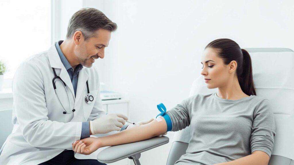Healthcare professional drawing blood from a patient’s arm as part of a metabolic health screening in a bright, modern clinic. 