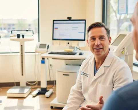 Doctor consulting with a patient about metabolic health test results in a medical clinic, with weight measurement equipment and a computer displaying health data in the background.