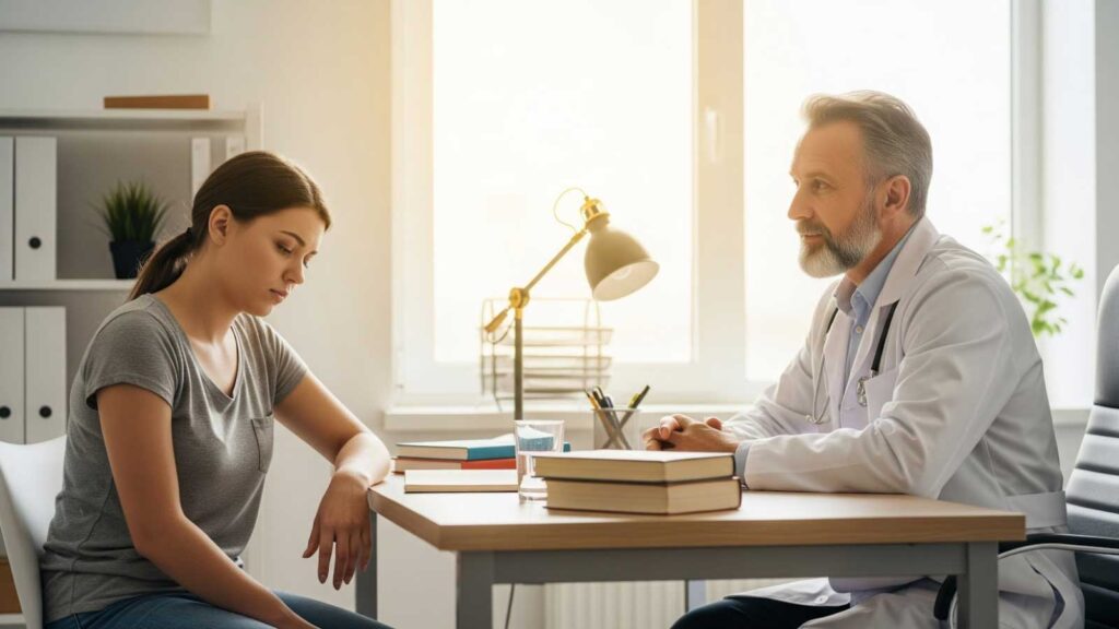 Physician discussing blood test results with a concerned patient during a metabolic health evaluation in a medical office. 