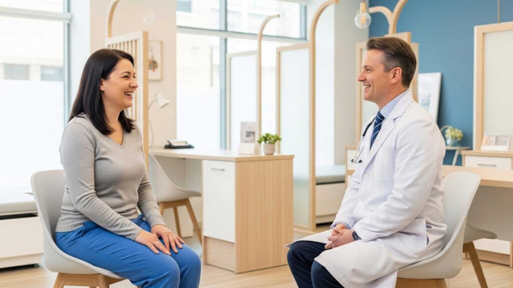 Smiling patient meeting with a weight loss doctor to discuss customized tirzepatide therapy.