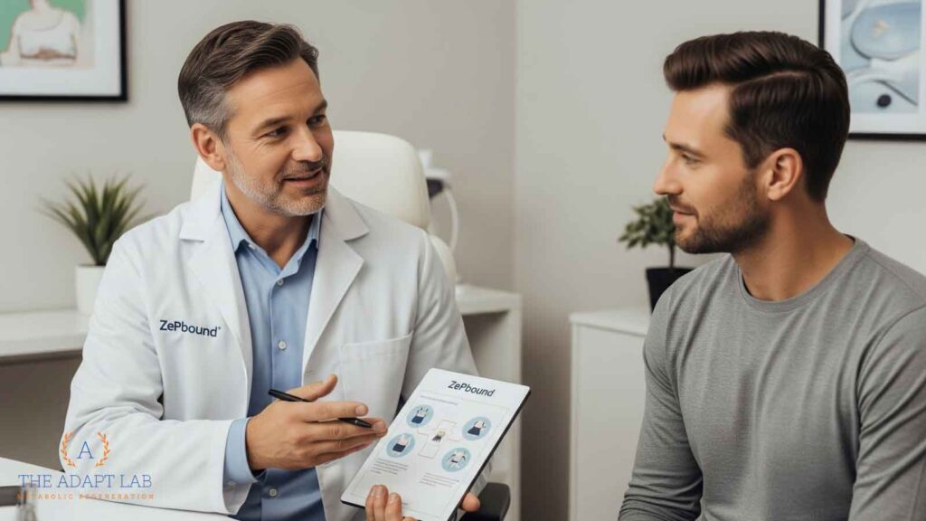 A healthcare provider showing a Zepbound treatment chart to a patient during a consultation.