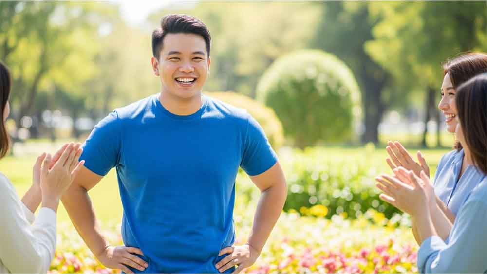 A smiling man in a blue shirt stands outdoors, surrounded by friends applauding his successful health transformation.
