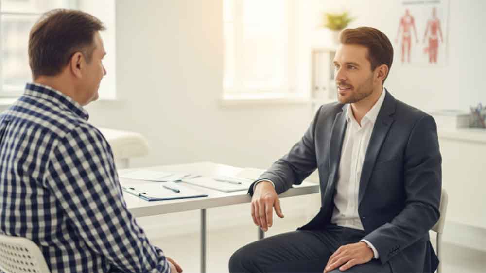 A professional consultant speaks with a patient in a clinical setting, discussing personalized options for weight loss support.