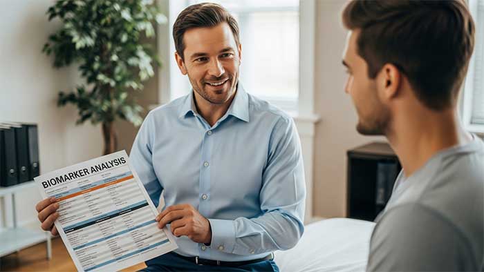 A healthcare professional reviews a biomarker analysis report with a patient during a consultation at The Adapt Lab in San Diego.