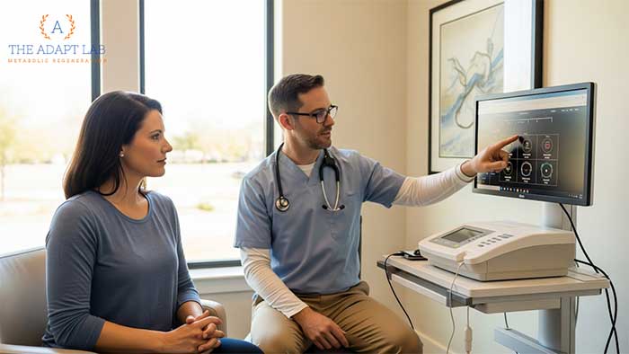 A doctor at The Adapt Lab explains metabolic health test results to a patient using a monitor display in a bright exam room.