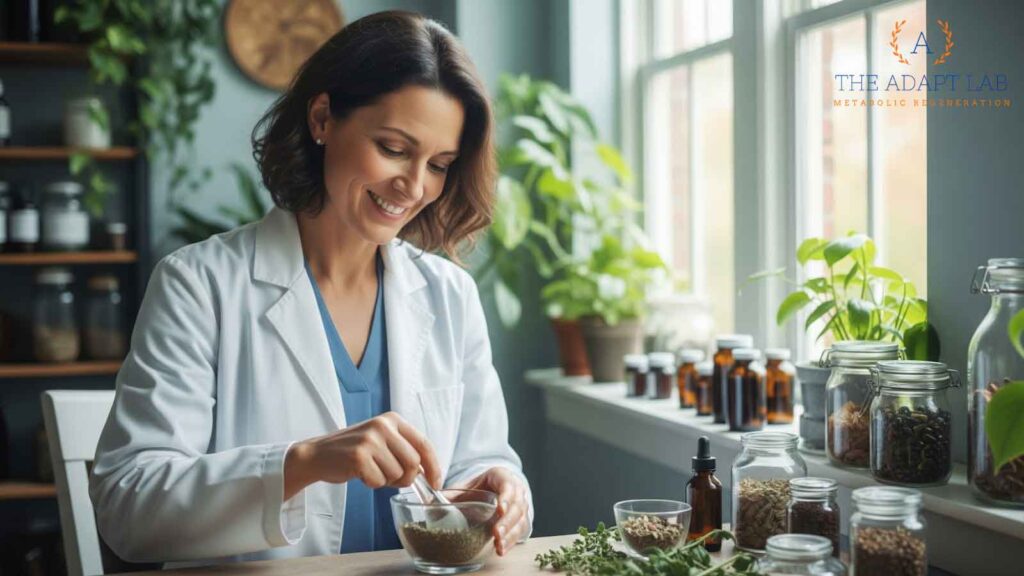 A naturopathic doctor in a white coat is preparing a herbal mixture at her desk, surrounded by jars of natural remedies and plants.