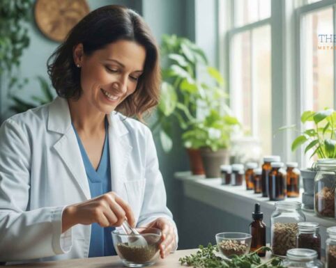 A naturopathic doctor in a white coat is preparing a herbal mixture at her desk, surrounded by jars of natural remedies and plants.
