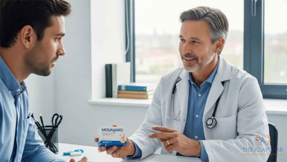 A doctor in a white coat shows a patient a box of Mounjaro medication during a consultation at The Adapt Lab in San Diego.