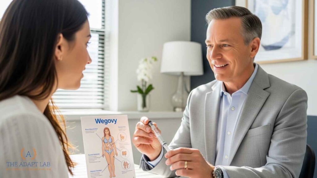 A doctor explains Wegovy weight loss treatment to a patient using an injection pen and informational chart at The Adapt Lab.