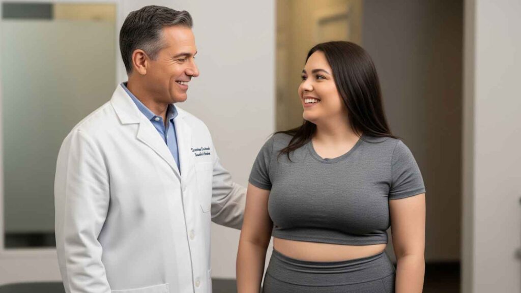 A physician smiling with a patient after progress with Zepbound treatment in San Diego.