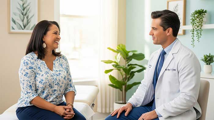 A physician at The Adapt Lab discusses metabolic health testing with a patient in a welcoming clinic environment.