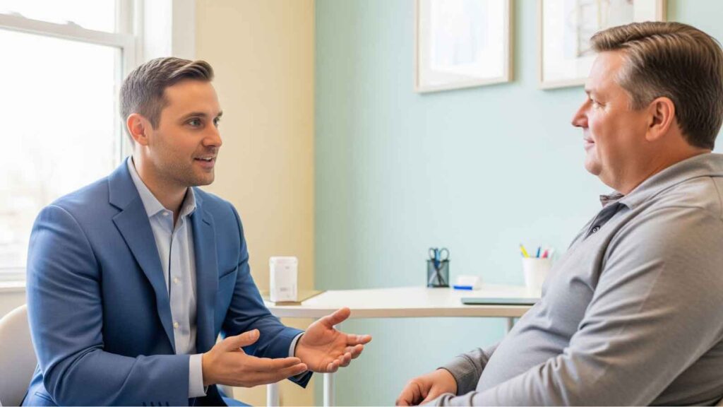 A man discussing his personalized Zepbound treatment plan with a healthcare professional.