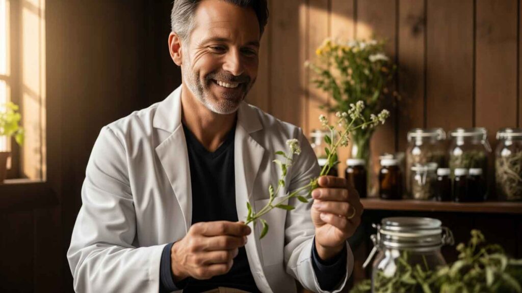 A naturopathic doctor smiling while examining a medicinal plant, with jars of herbs and natural remedies displayed in the background. 
