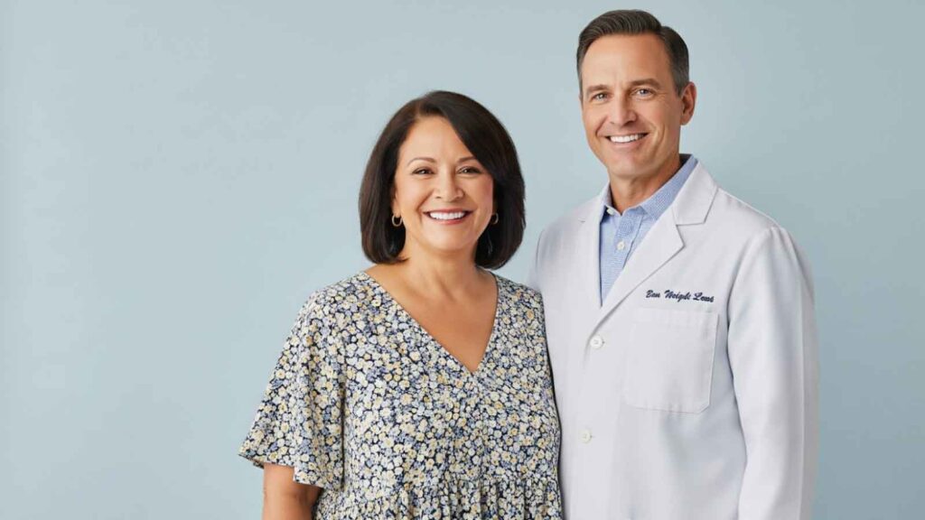 A smiling patient standing next to her doctor in a clinical setting, highlighting positive results with Wegovy treatment at The Adapt Lab.