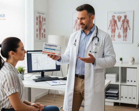 Doctor explaining Tirzepatide medication to a patient during a medical consultation at The Adapt Lab clinic.