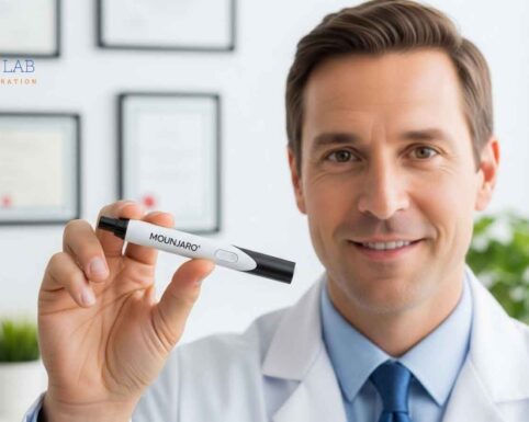 Doctor holding a Mounjaro injection pen and explaining its use for weight loss treatment at The Adapt Lab clinic.