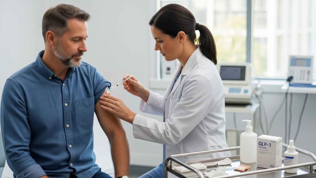 Healthcare professional administering a GLP-1 injection to a patient during a weight loss consultation at The Adapt Lab in Encinitas. 