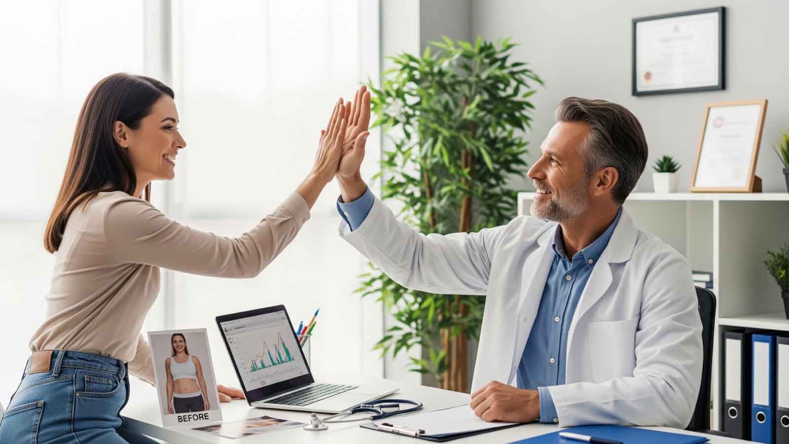 Patient celebrating weight loss progress with her doctor in a clinic, smiling and high-fiving near a before-and-after photo.