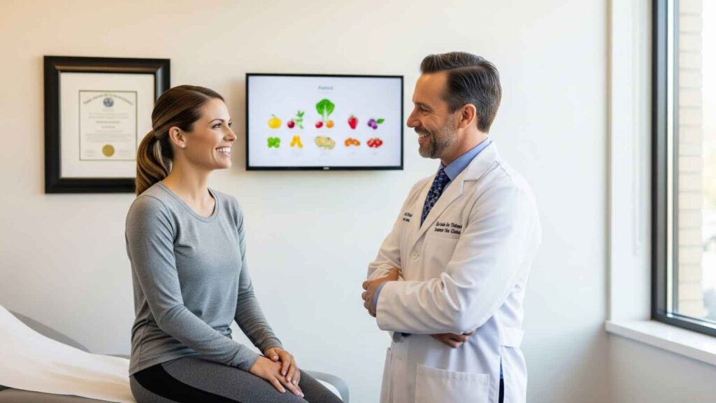 Smiling patient discussing her weight loss progress with her doctor in a consultation room featuring a nutrition chart.