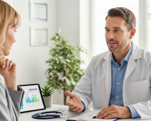 Doctor at The Adapt Lab explaining how hormonal fluctuations contribute to weight gain during a personalized metabolic consultation.