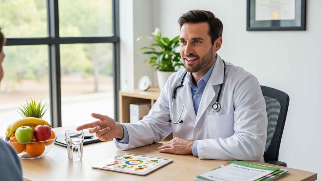 Doctor at The Adapt Lab discussing nutrition and metabolic health with a patient, using a tablet and food chart during consultation. 