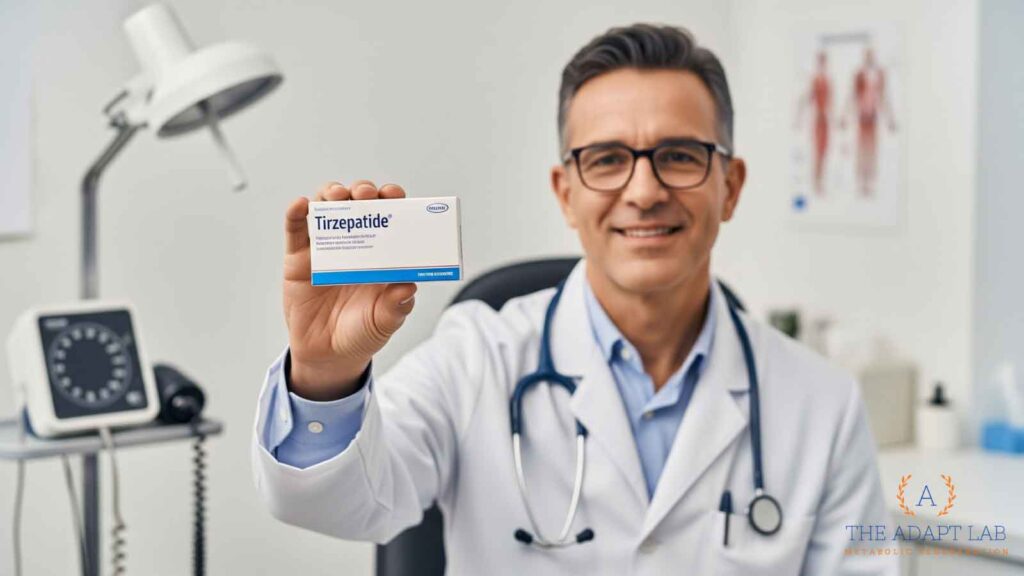 Doctor holding a Tirzepatide medication box at The Adapt Lab clinic in Encinitas, explaining how it supports medical weight loss. 