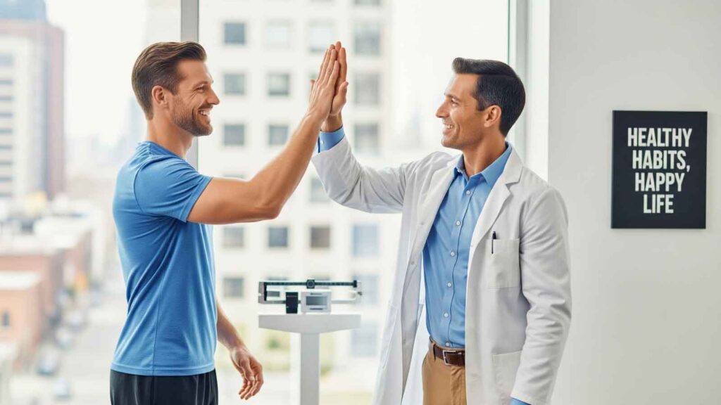 Doctor celebrating a patient’s successful weight loss progress with a high-five at The Adapt Lab in Encinitas.