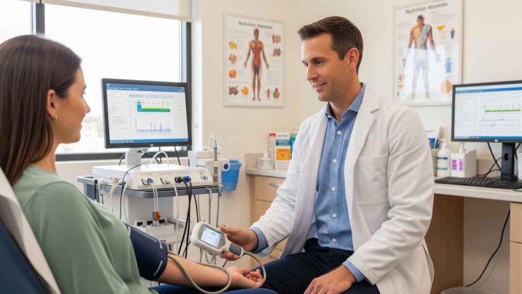 Doctor at The Adapt Lab checking a patient’s blood pressure and reviewing metabolic health data as part of an Ozempic weight loss program. 