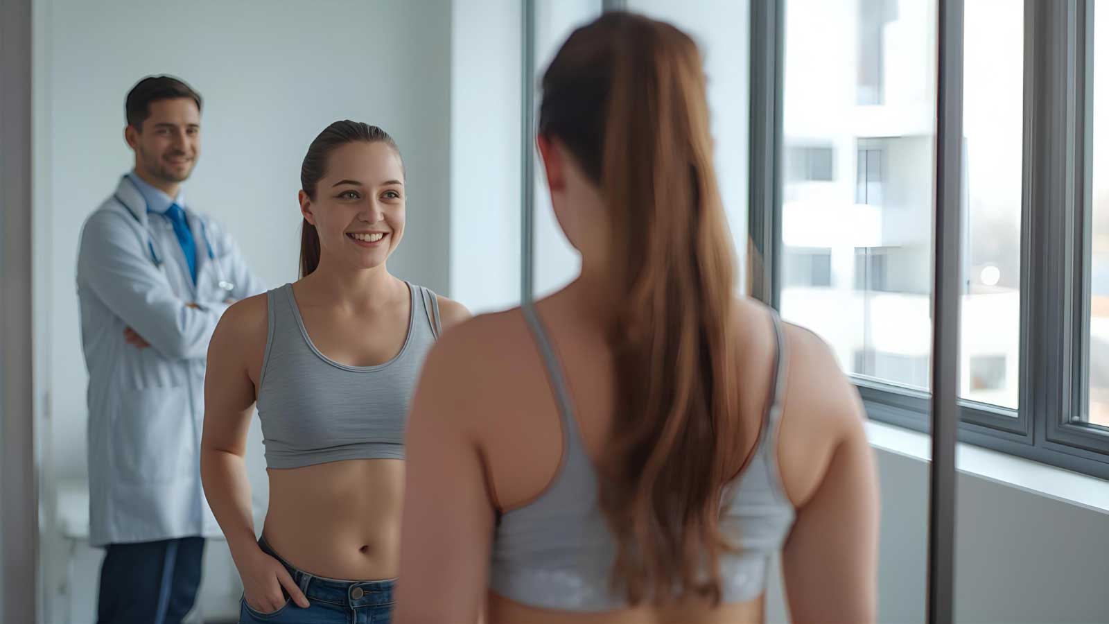 A woman smiles at her weight loss progress in the mirror.