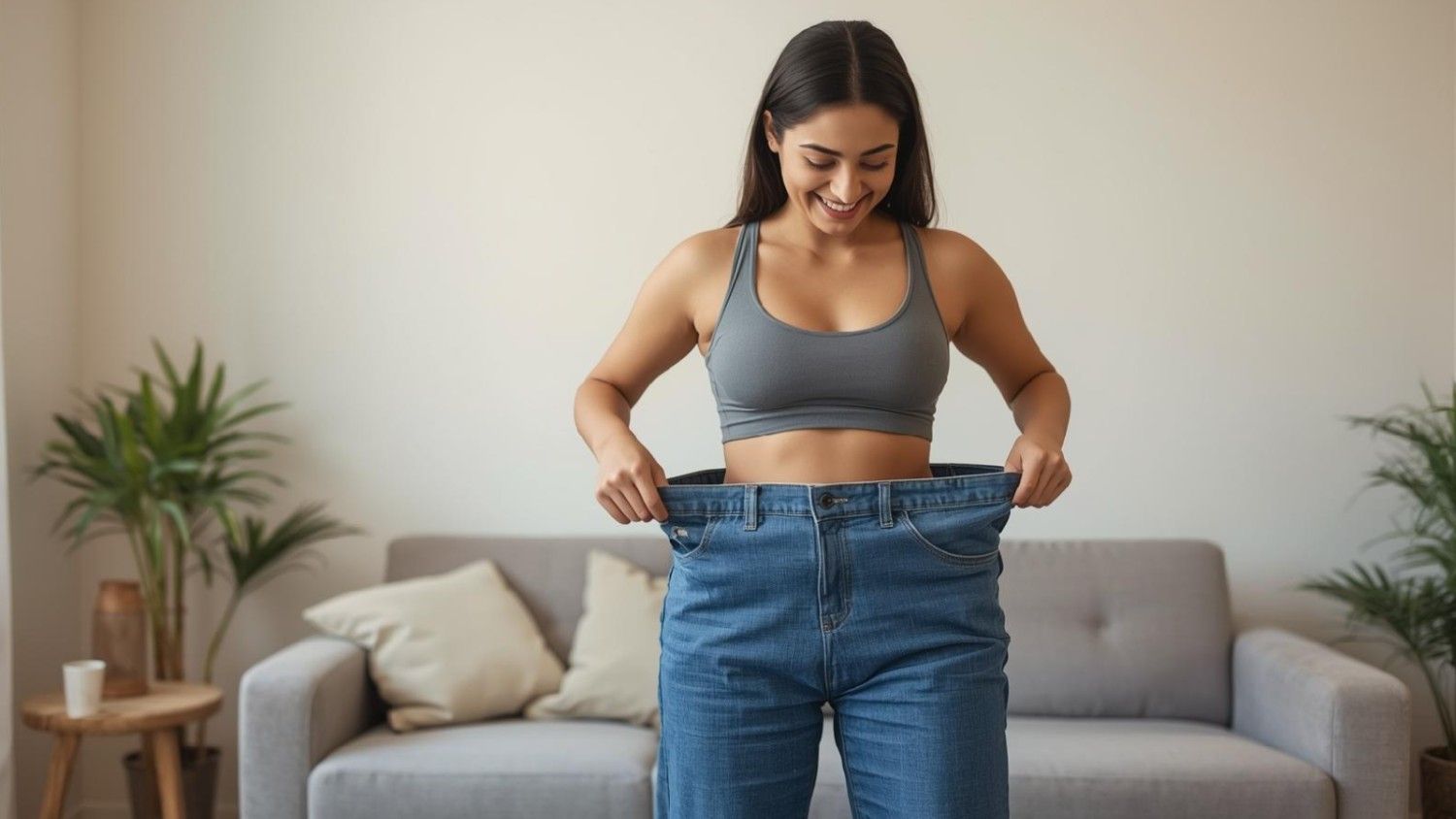A woman proudly displays her oversized jeans after weight loss.