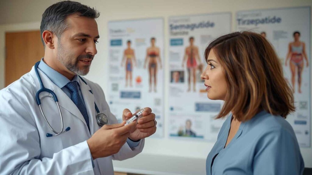 A doctor discusses GLP-1 therapy with a patient, showing the medication syringe and explaining the treatment.