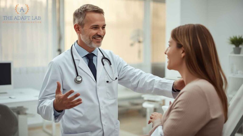 A naturopathic doctor in a white coat explains treatment options for metabolic health to a female patient.